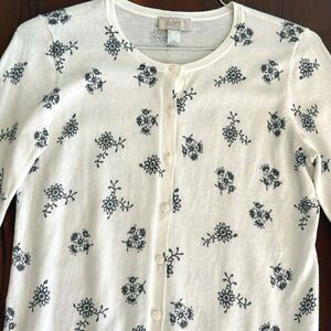 LOFT Outlet Women's Sz M 100% Cotton Cardigan Sweater Ivory Gray Floral Spring